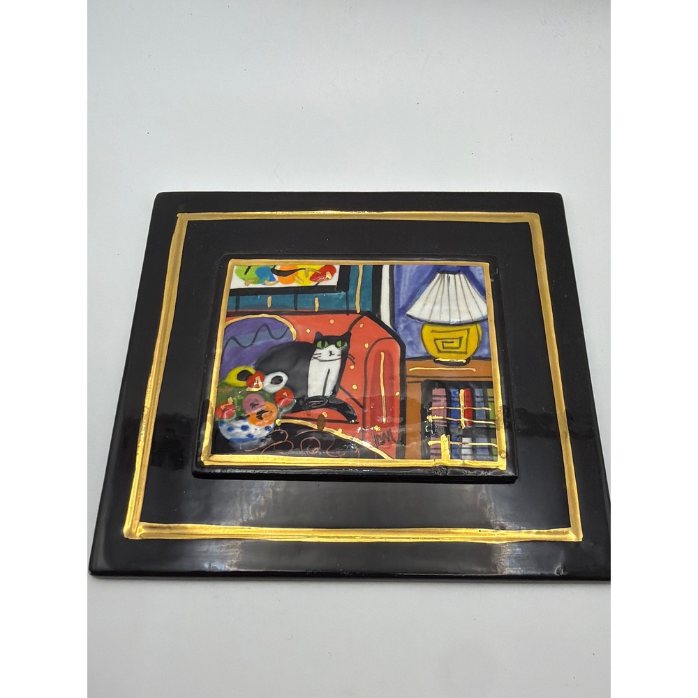 Laura Montaghelo Signed Ceramic Art Tile Tuxedo Cat Gold Leaf Whimsical Wall Art